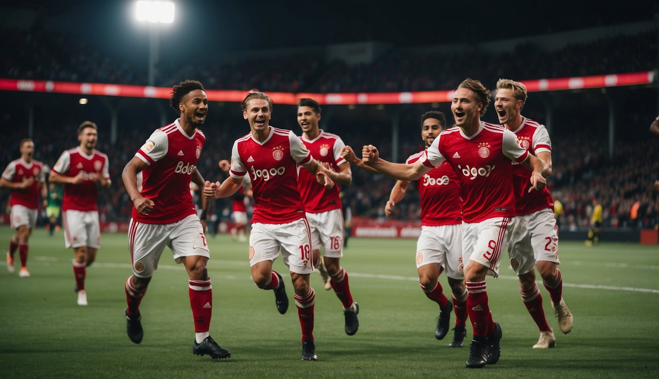 Ryan Gravenberch celebrates on the soccer field with his teammates after scoring a goal for Ajax