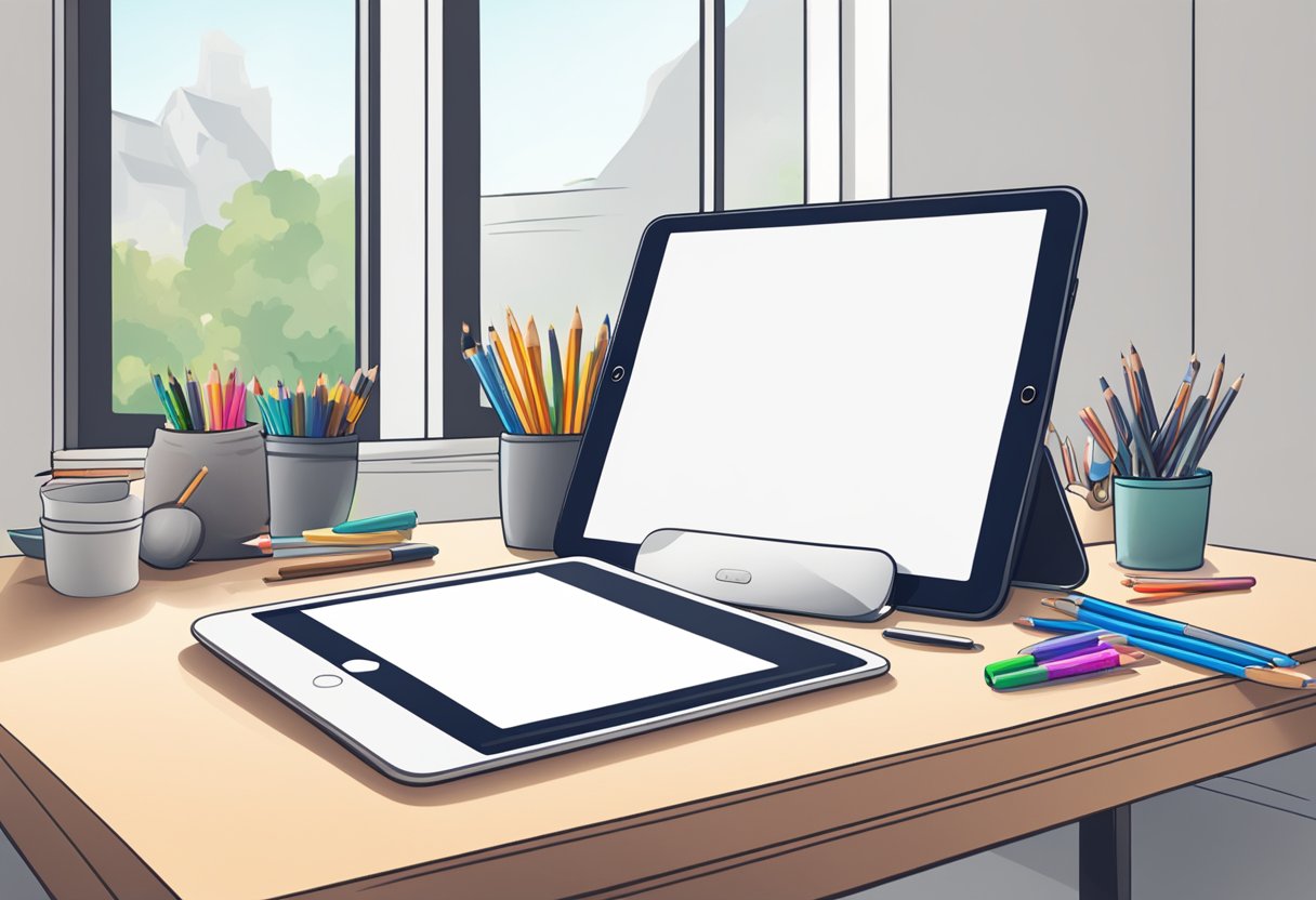 An iPad resting on a desk, surrounded by art supplies and a stylus. The screen displays a blank canvas ready for drawing