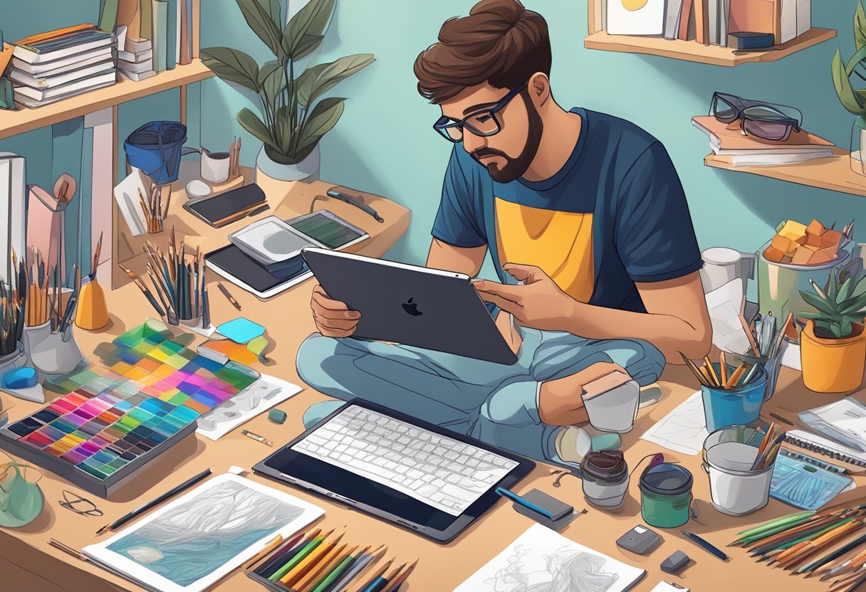 A digital artist using an iPad to create a detailed and intricate drawing, surrounded by various art supplies and reference materials