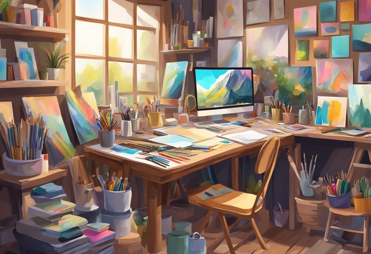A cluttered art studio with various mediums and tools scattered on a wooden table, surrounded by colorful sketches and paintings on the walls
