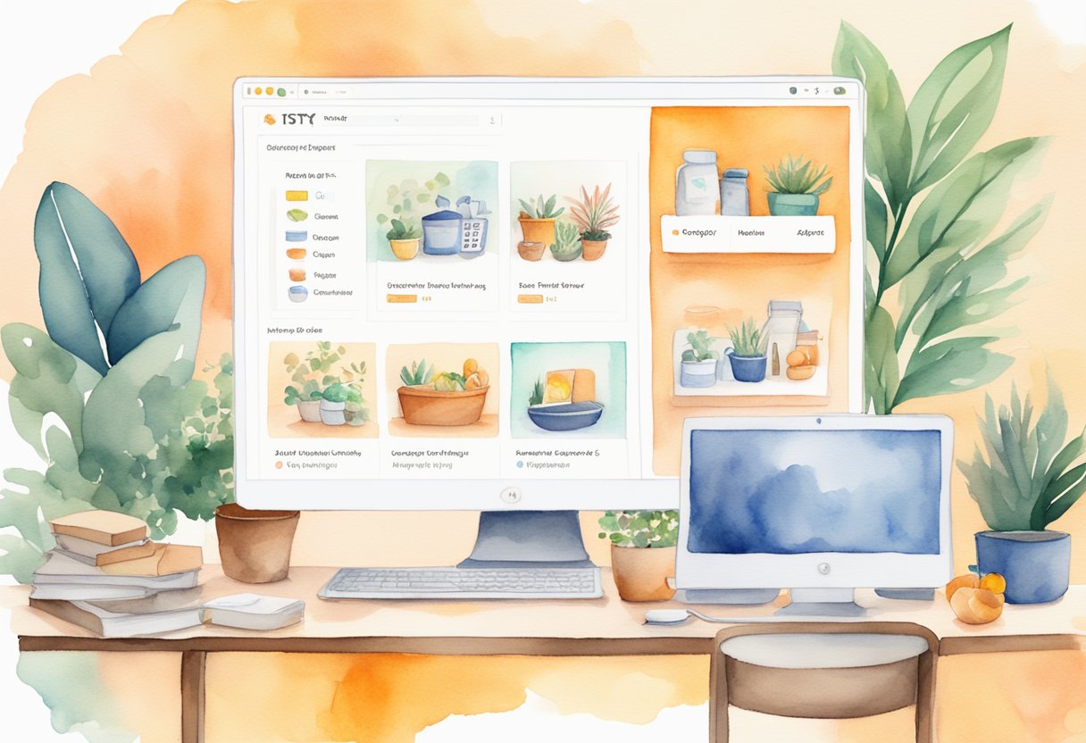A computer screen displaying Etsy's homepage with various products and categories, a mouse cursor navigating through the site, and a satisfied customer adding items to their cart