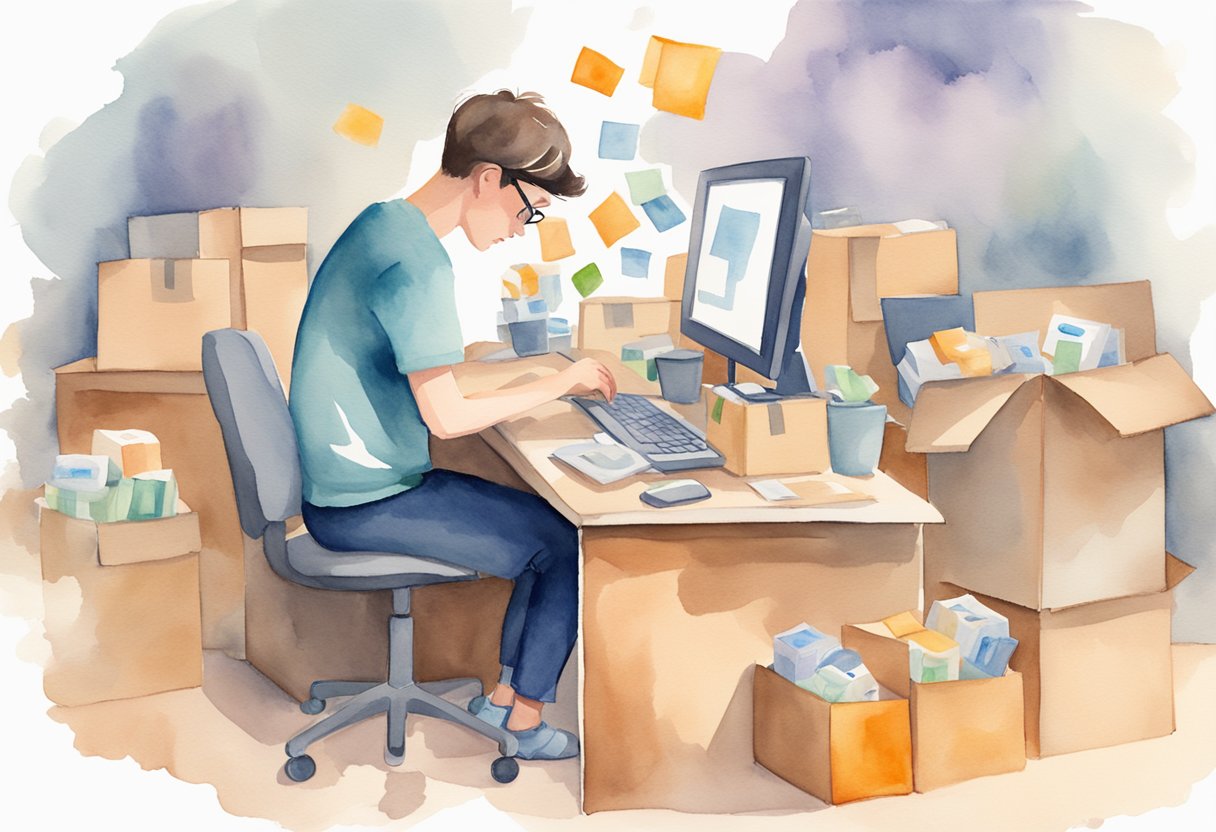 A person sits at a computer, frustrated, surrounded by unopened packages. A question mark hovers above their head as they search "Is Etsy legit?" on the screen