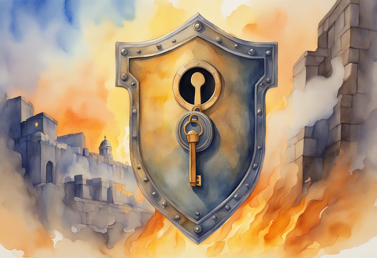 A shield with a lock and key symbol, surrounded by a wall of fire, while a vigilant eye watches over from above