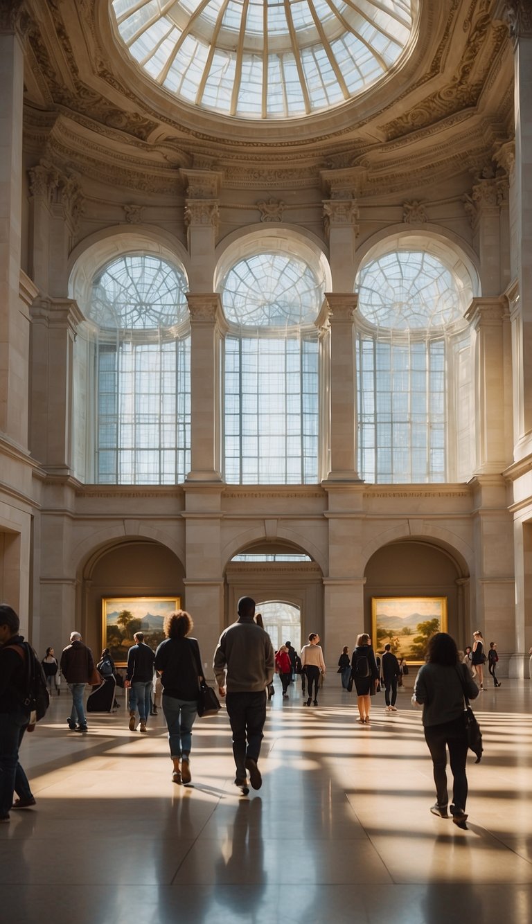 Visitors wander through grand halls, admiring masterpieces in the National Gallery of Art. Sunlight streams through arched windows, casting a warm glow on the intricate paintings and sculptures