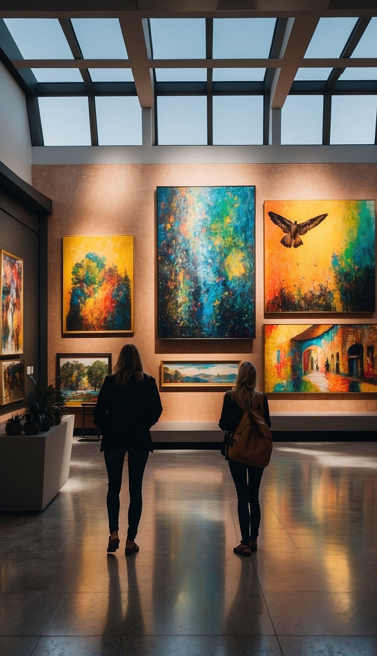 A vibrant gallery with modern art masterpieces, visitors admiring colorful paintings and sculptures, and natural light streaming through large windows