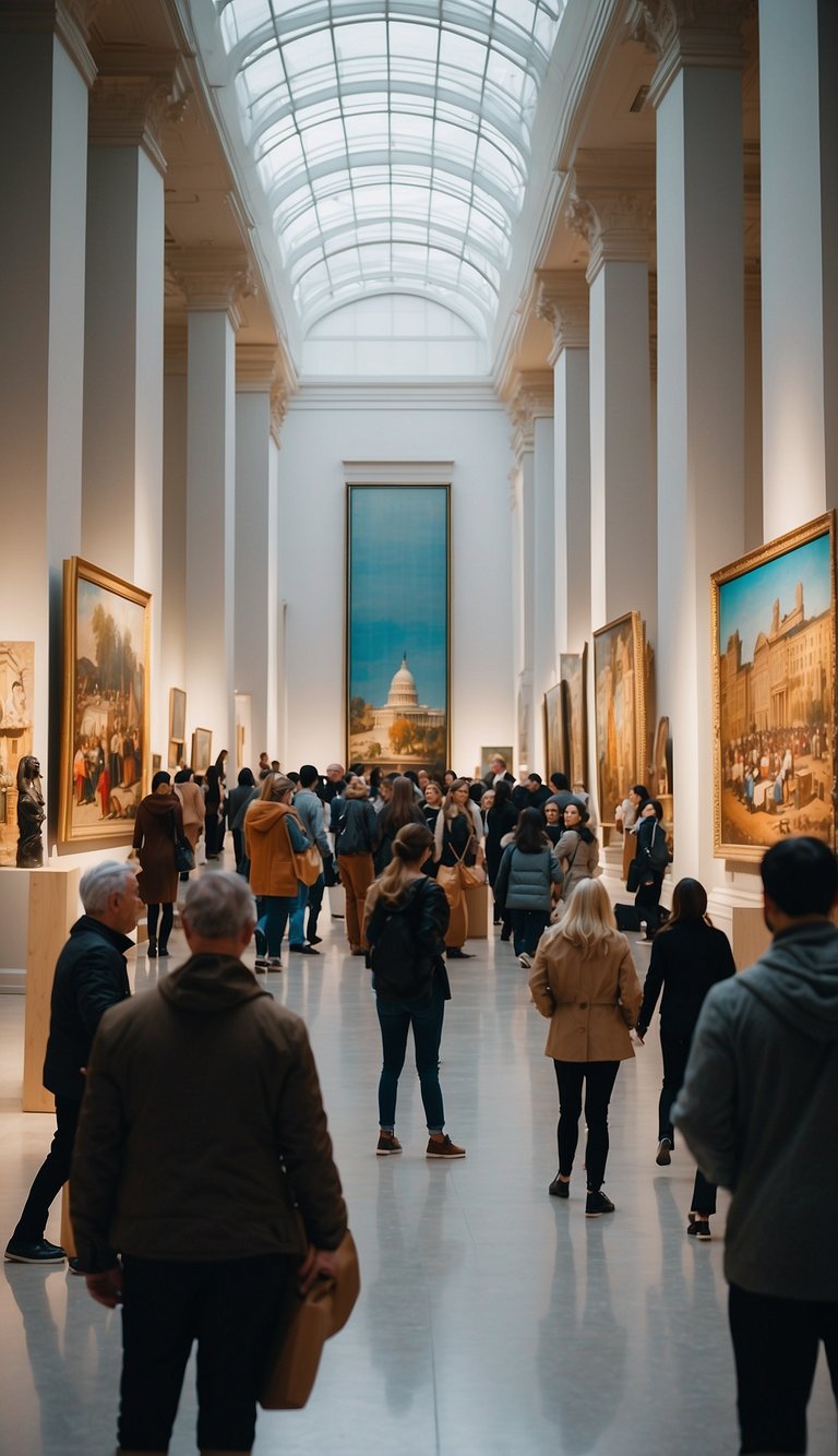 A bustling art museum with vibrant paintings and sculptures, surrounded by curious onlookers, set against the backdrop of Washington DC's iconic landmarks