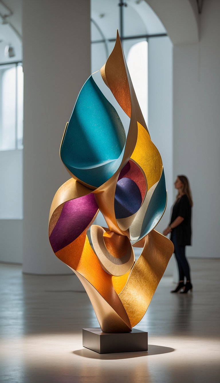 A vibrant, abstract sculpture stands in the center of a spacious, modern gallery, surrounded by otherworldly paintings and sculptures. The room is bathed in soft, natural light, creating a serene and contemplative atmosphere