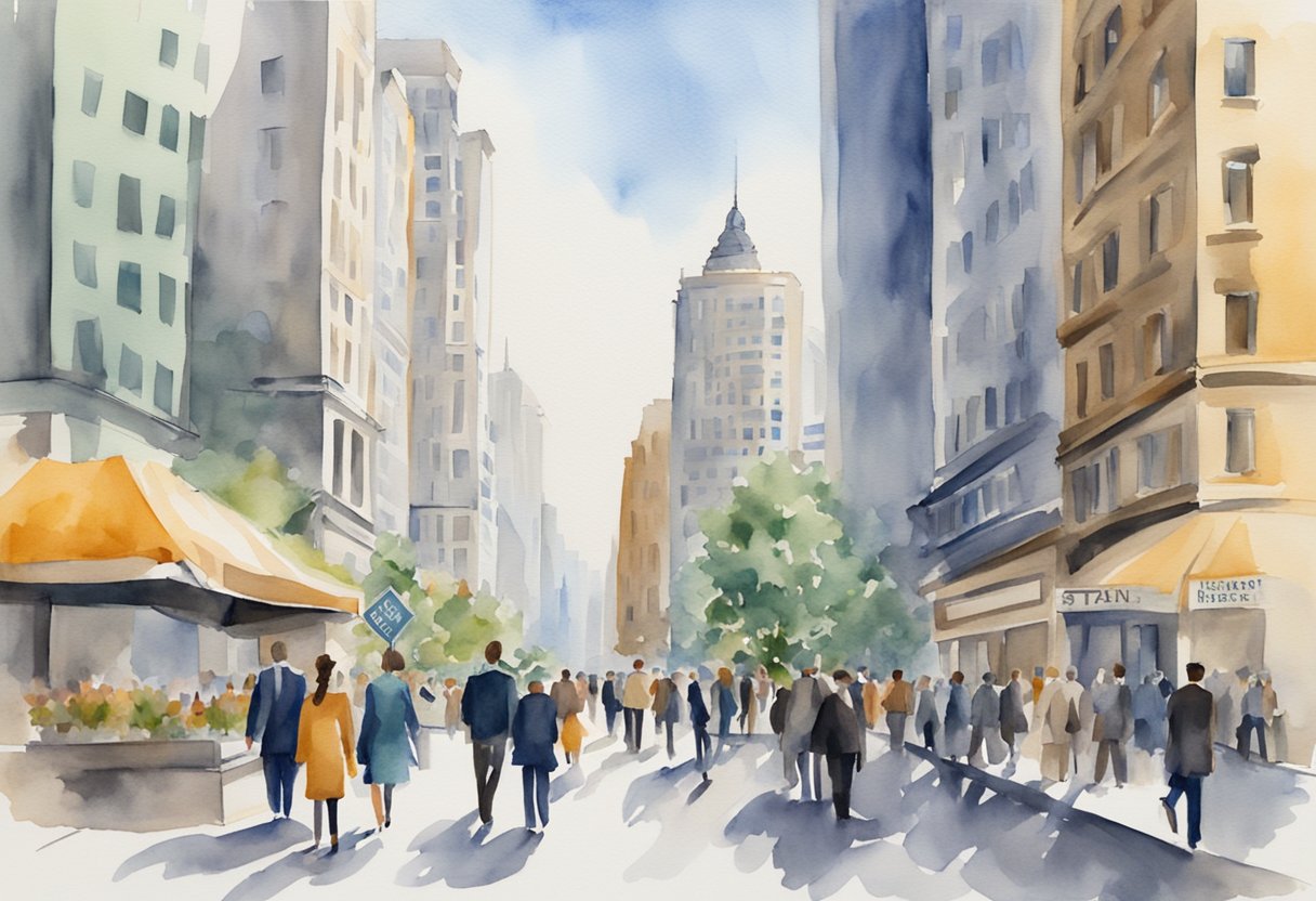 A bustling city street with tall buildings, a sign with "Finance Business Names" in bold letters, people in business attire walking by