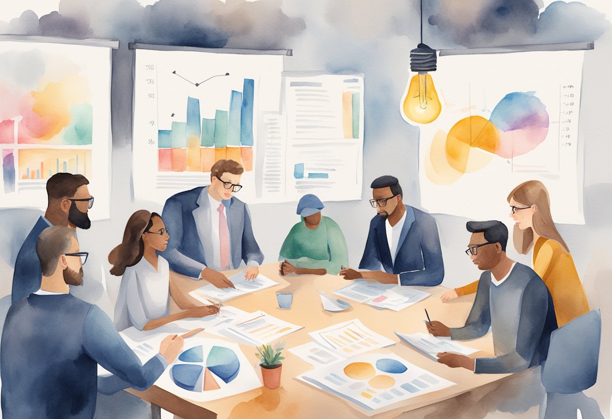 A group of people brainstorming, surrounded by charts, graphs, and financial reports. A lightbulb hovers over their heads, symbolizing inspiration