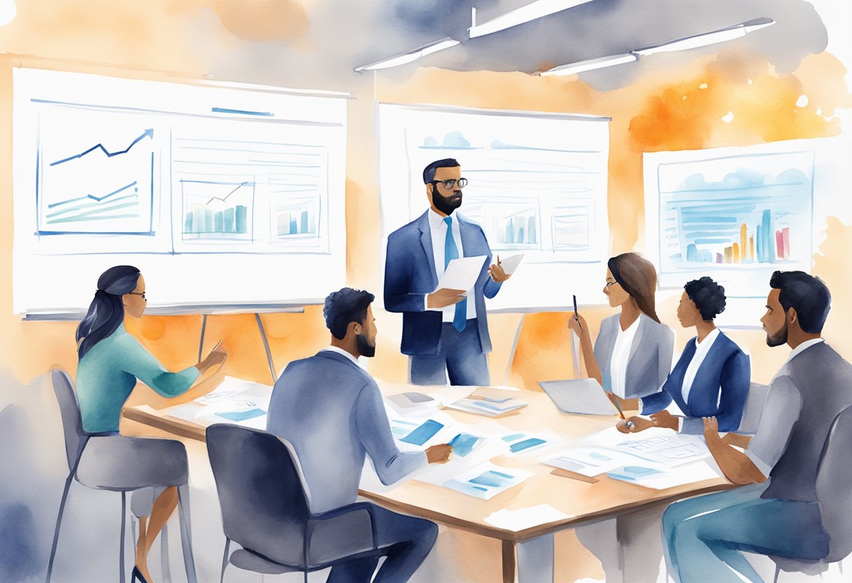 A group of professionals brainstorming, writing on whiteboards, and discussing ideas for finance business names