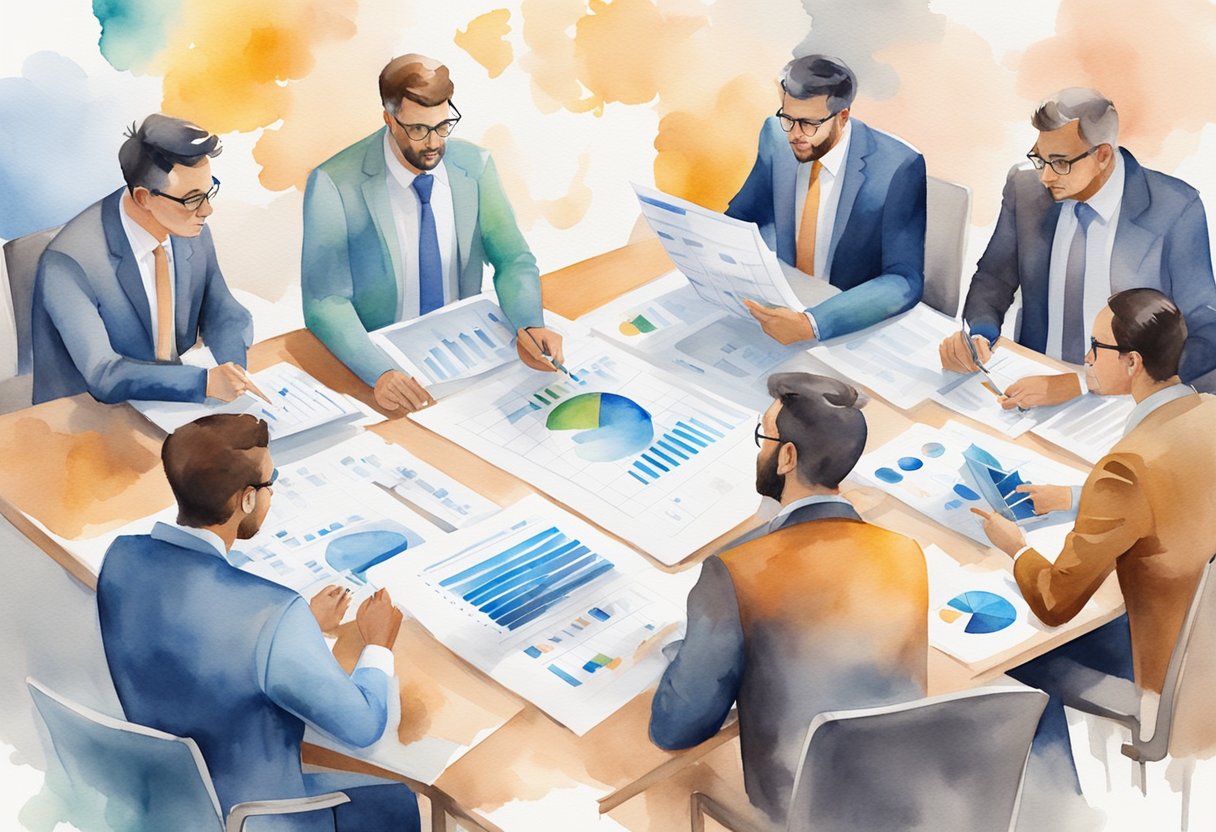 A group of professionals brainstorming, surrounded by charts and graphs, discussing finance business names