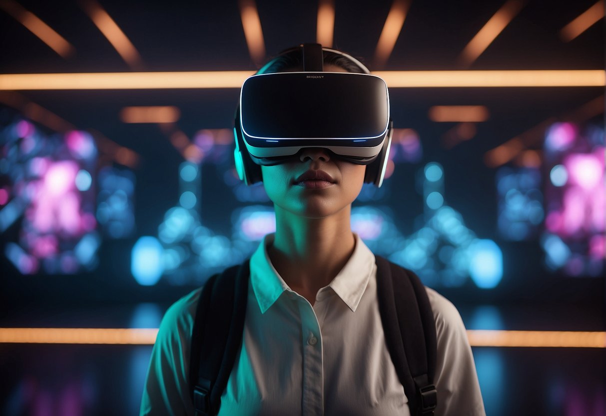 A person wearing a VR headset, surrounded by a futuristic virtual environment with glowing neon lights and digital displays