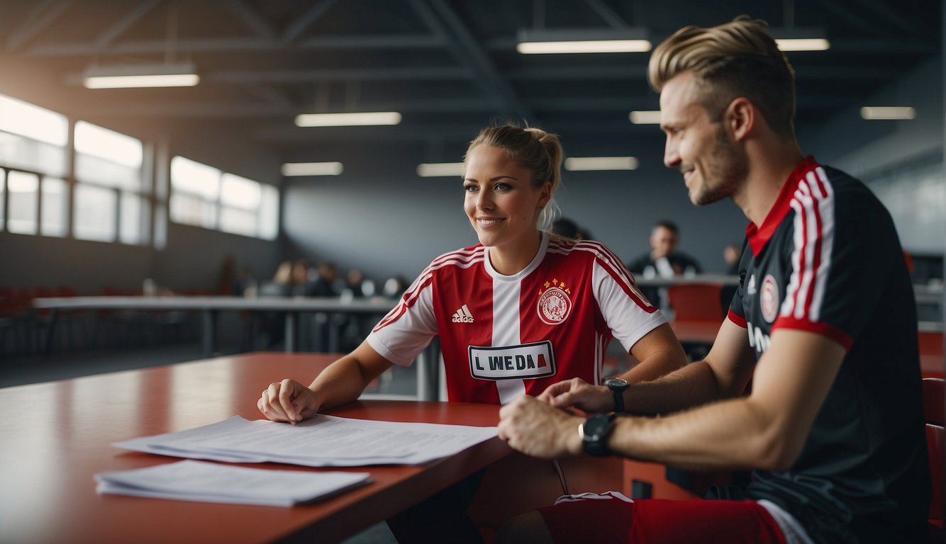 A soccer player in Ajax uniform, on loan to FC Emmen, with a woman and financial documents