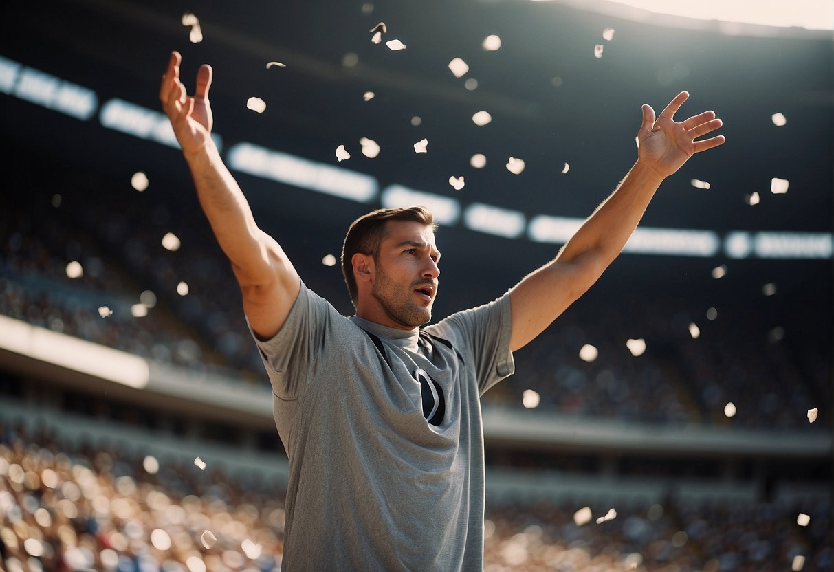 Athletic individuals throwing objects in a sports arena