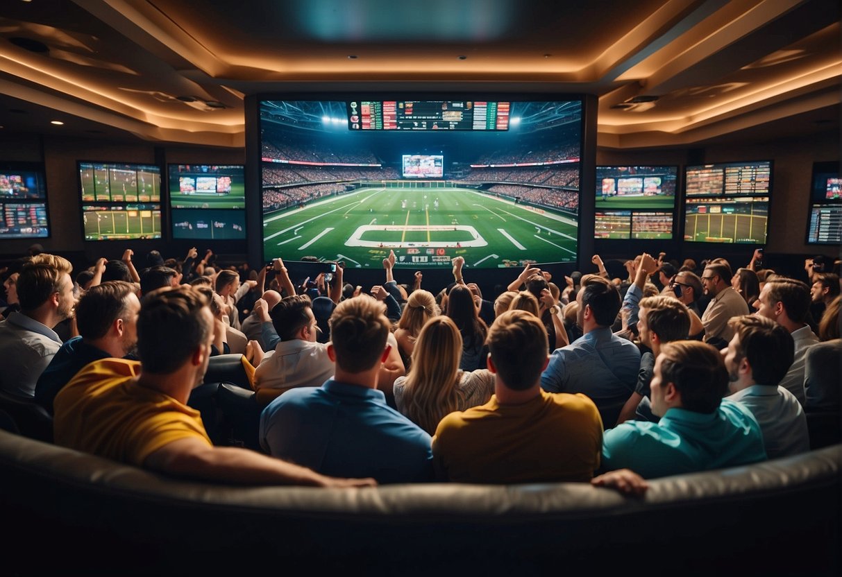 A crowded sportsbook with excited bettors watching a game on a large screen, cheering and celebrating as they win their bets