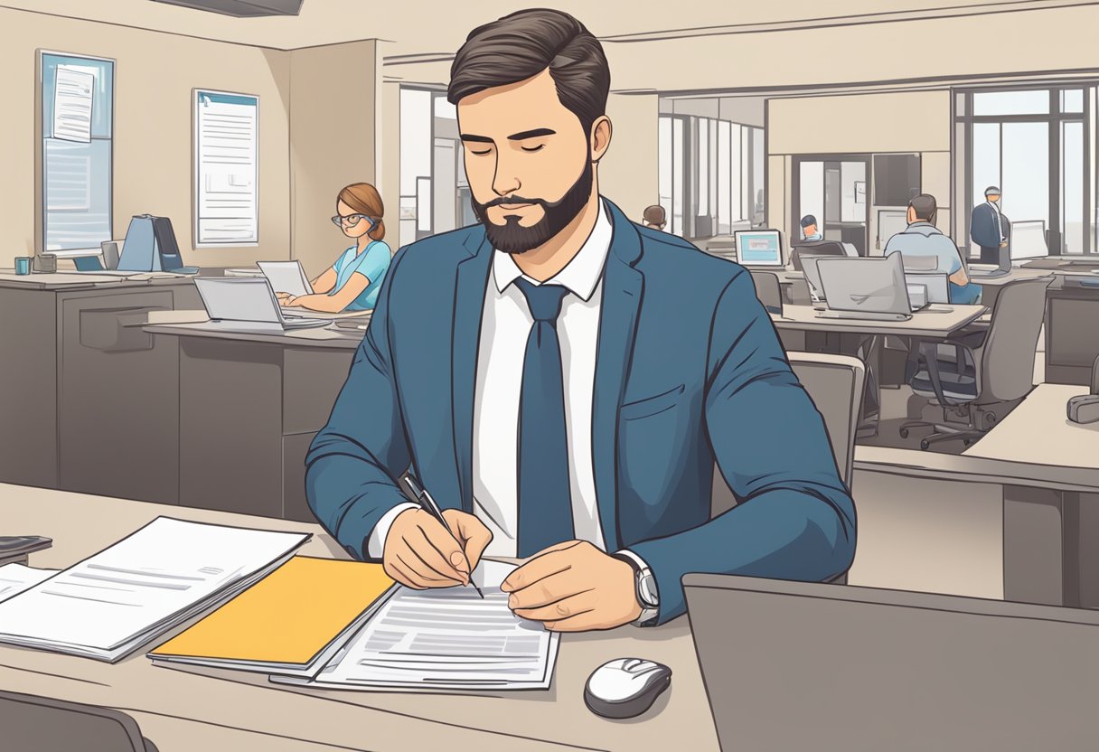 A sole proprietor sits at a desk, filling out Form 7202. No employees are present. The focus is on the form and the individual completing it