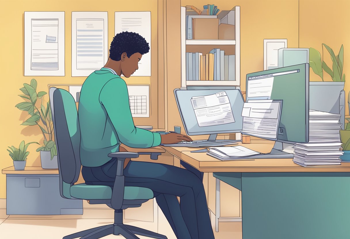 A person filling out form 7202, with a computer and paperwork on a desk