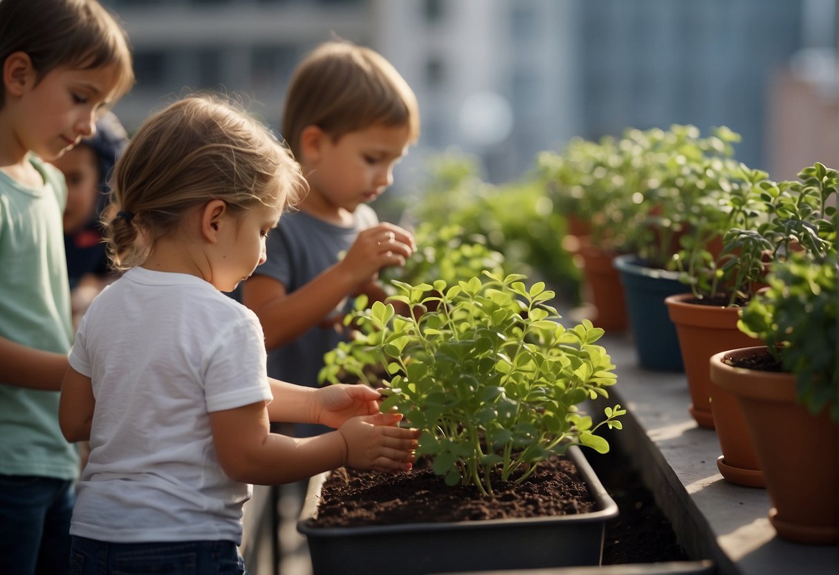 Children planting and watering small potted plants on a crowded balcony