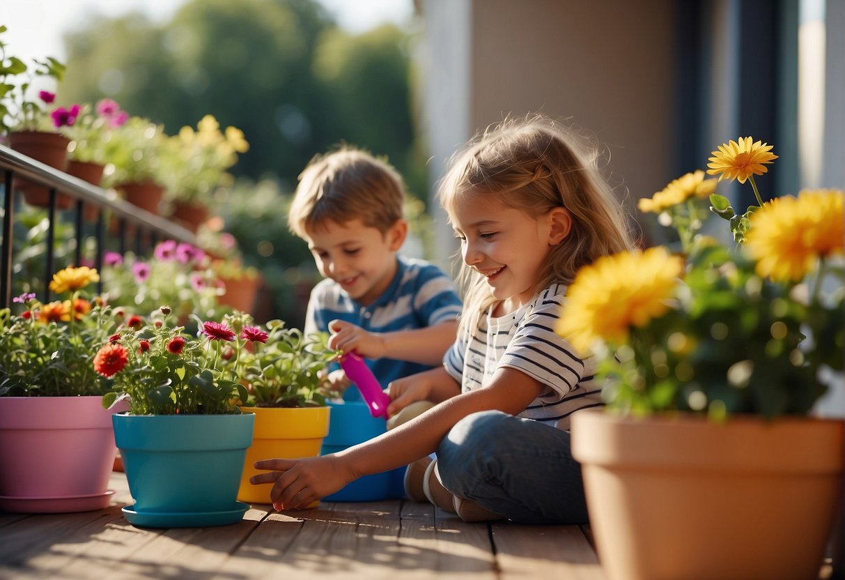 Children happily planting colorful flowers in pots on a sunny balcony, surrounded by gardening tools and watering cans