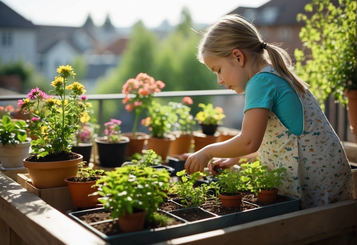 Children planting seeds, watering plants, and arranging colorful pots on a sunny balcony. Small insects and birds visit the thriving garden