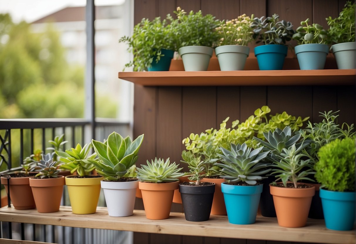A colorful array of potted plants and gardening tools arranged on a balcony, with a bookshelf filled with educational resources and expert advice for including kids in creating a balcony garden