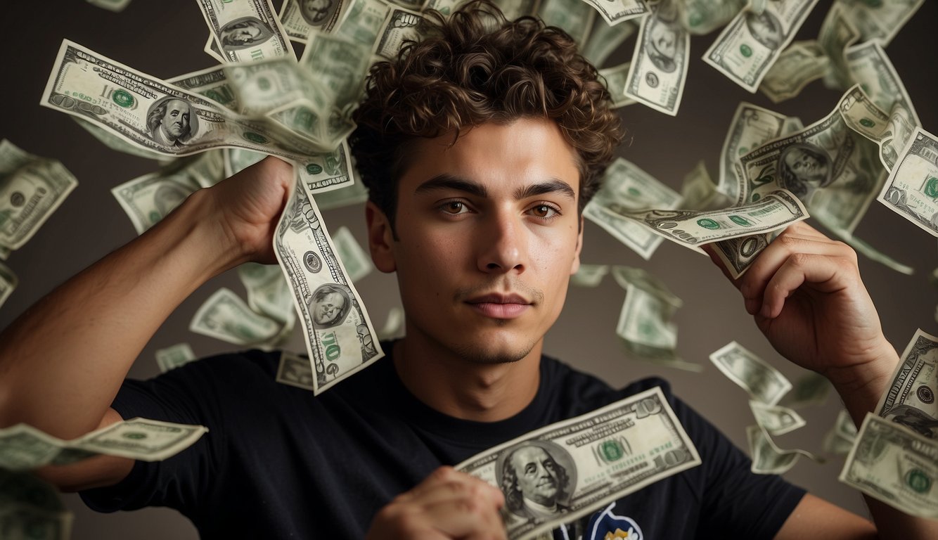 A young man in an Ajax jersey, surrounded by wealth symbols like money and assets