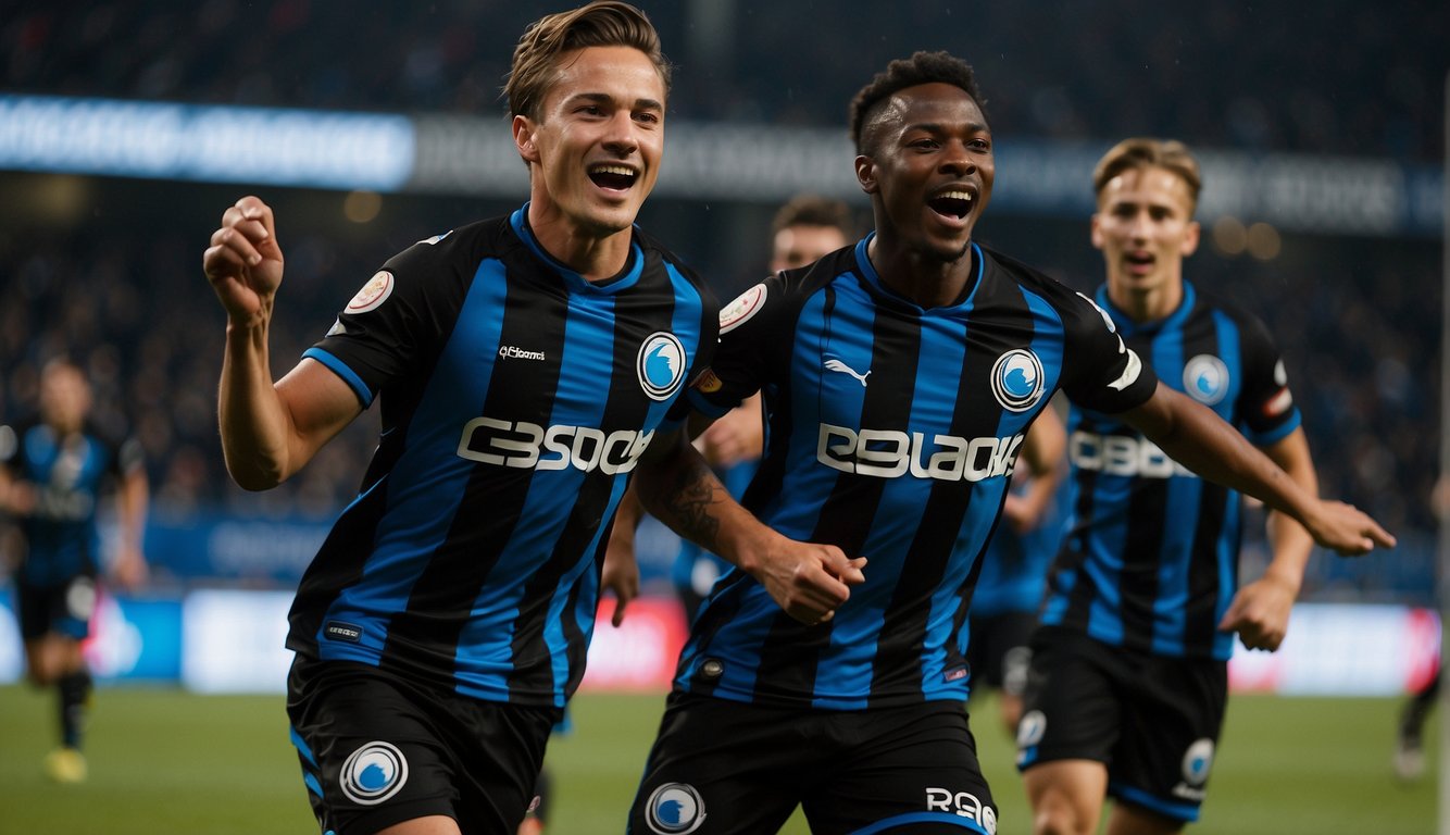 Noa Lang celebrates with his teammates after scoring a goal for Club Brugge