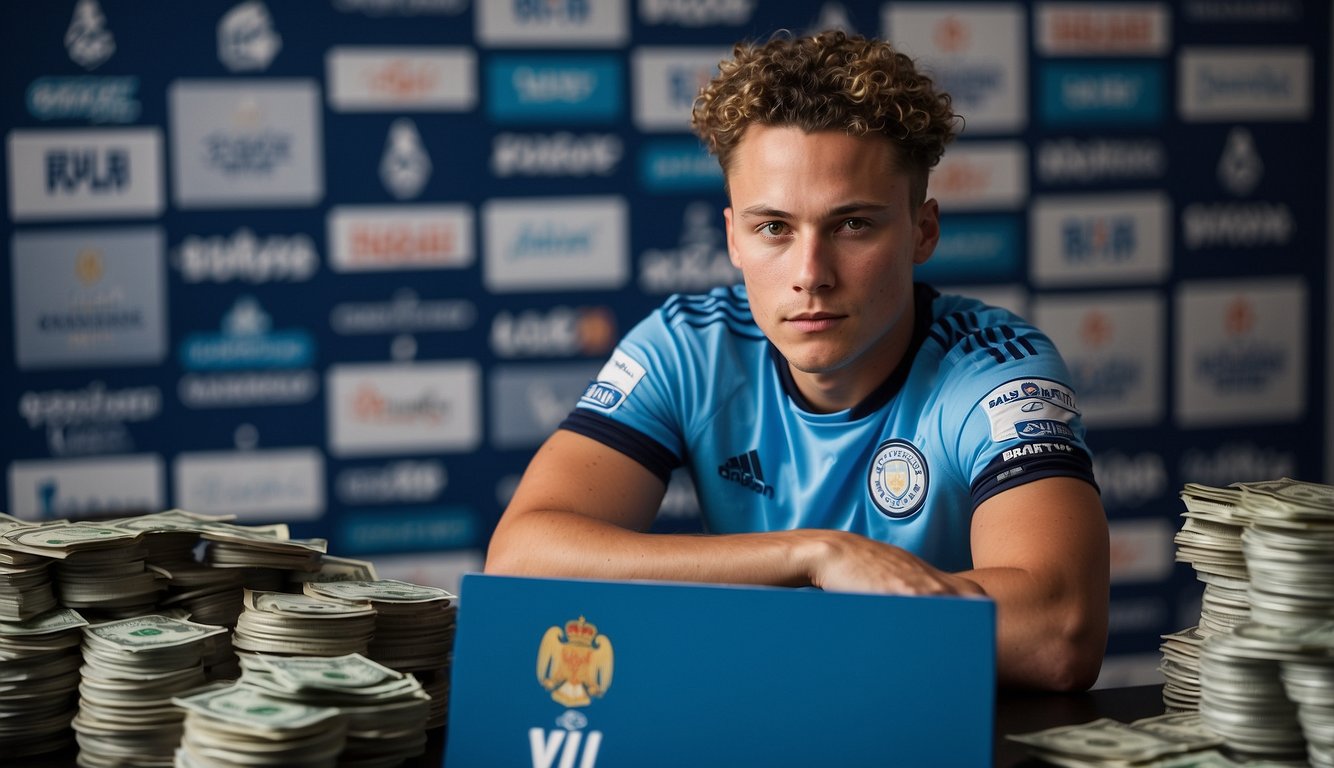 Jayden Braaf in VfL Bochum jersey, surrounded by Manchester City logos. A stack of money and income statements nearby