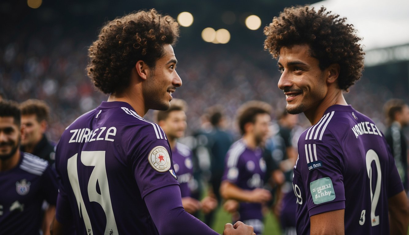 Zirkzee in Anderlecht kit, with Bayern badge visible. Girlfriend nearby, surrounded by symbols of wealth and income