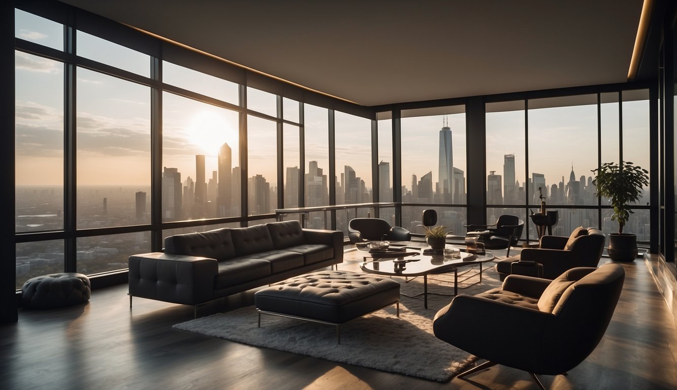 A luxurious modern apartment with sleek furniture, high-end decor, and a view of the city skyline