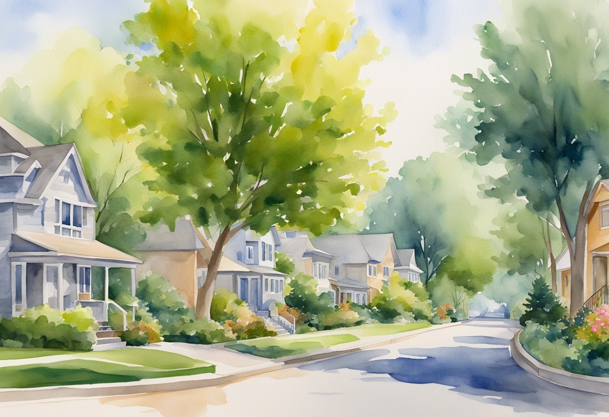 A serene suburban neighborhood with lush greenery, modern homes, and friendly neighbors. A vibrant downtown area with bustling shops and cafes. Peaceful parks and recreational facilities