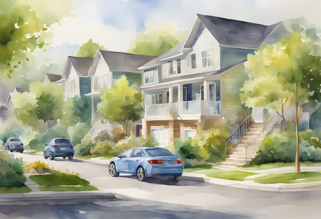 A serene suburban neighborhood with lush greenery, modern amenities, and friendly community interactions