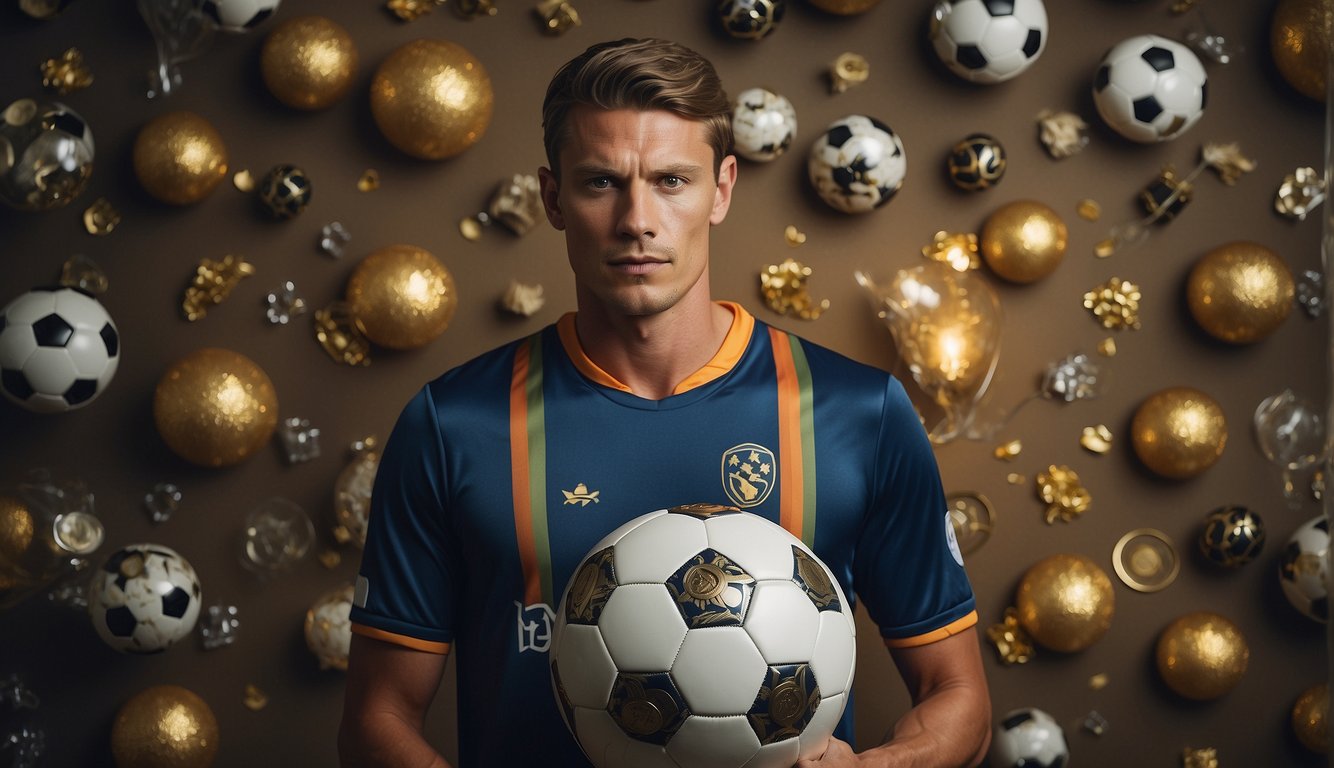 A soccer player (Youri Regeer) stands with his girlfriend, surrounded by symbols of wealth and income