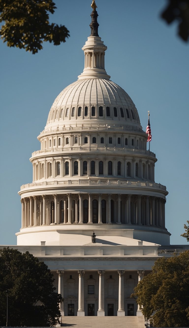 The grand dome of the Capitol building rises above the city skyline, flanked by neoclassical monuments and historic landmarks, capturing the charm of 1900s Washington DC