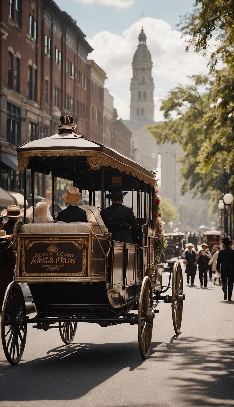 A bustling street lined with historic buildings, horse-drawn carriages, and people in 1900s attire. The air is filled with the sounds of vendors, laughter, and the clinking of trolley cars