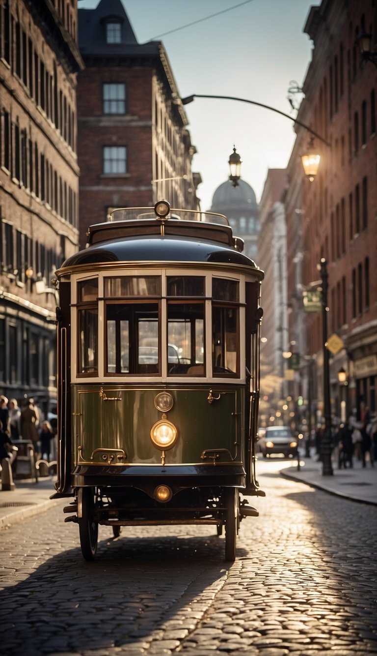 A vintage trolley car rumbles down a cobblestone street, passing by historic buildings and gas lamps. The city is alive with the hustle and bustle of horse-drawn carriages and antique automobiles