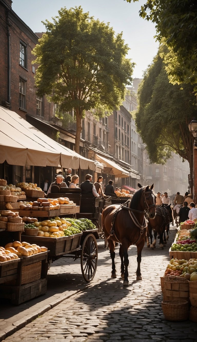 A bustling street market with vendors selling fresh produce, meats, and baked goods. Victorian-style buildings line the cobblestone streets, and horse-drawn carriages pass by