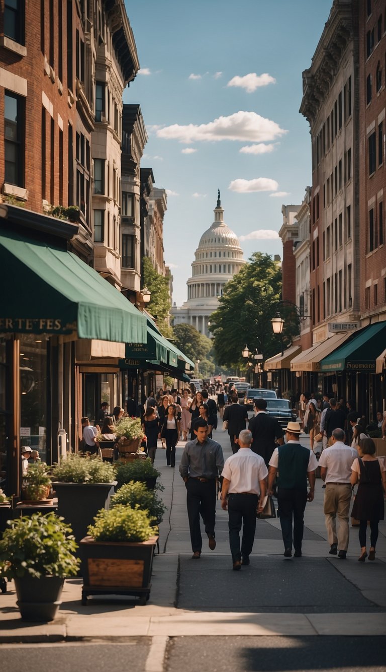 A bustling street in Washington DC, lined with historic buildings and vintage shops. People in 1900s attire stroll by, adding to the nostalgic charm