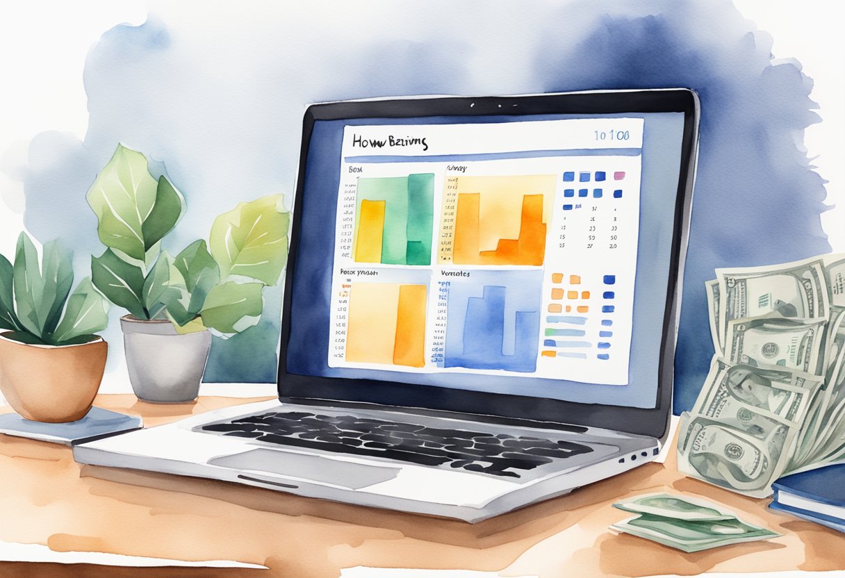 A laptop displaying a digital platform with a graph showing monthly earnings of $10k. A calendar with "how to" notes and a stack of cash