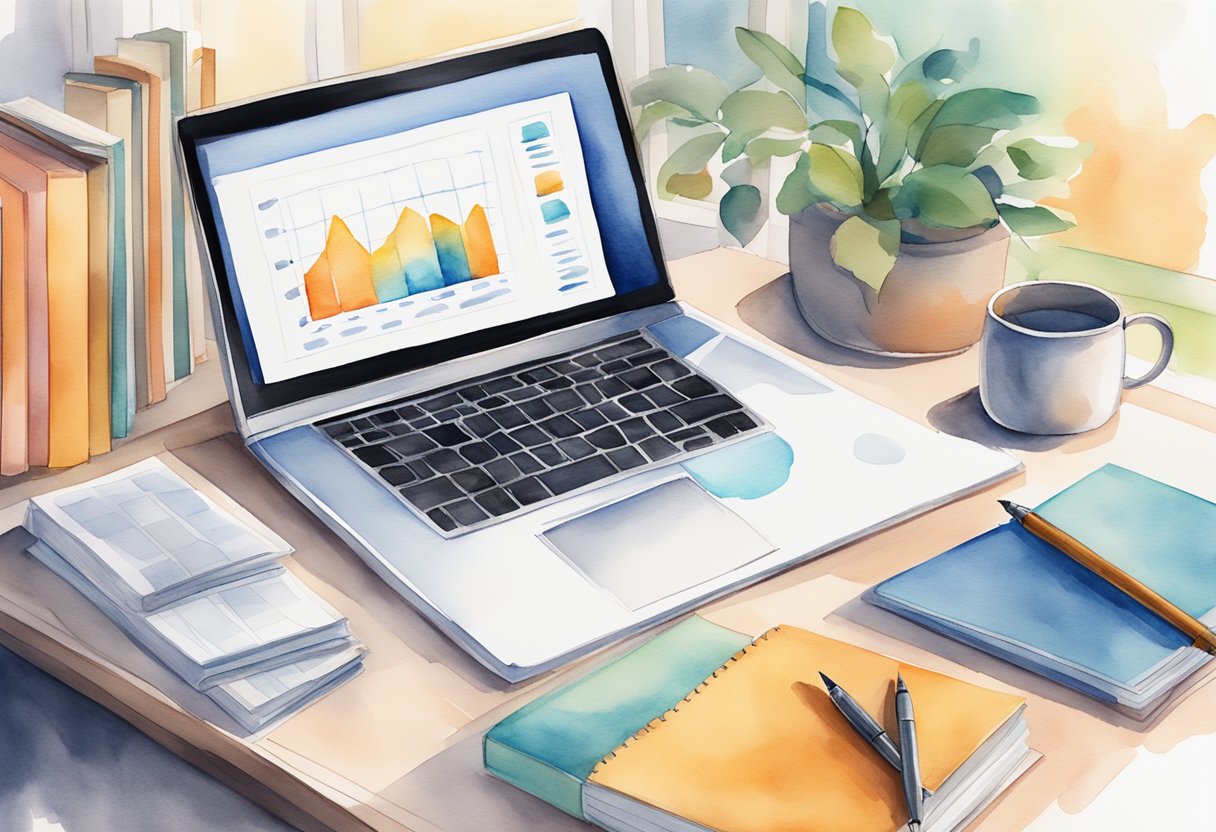 A laptop with a sleek, modern design sits on a desk surrounded by books, a notepad, and a pen. The laptop screen displays a graph showing financial growth