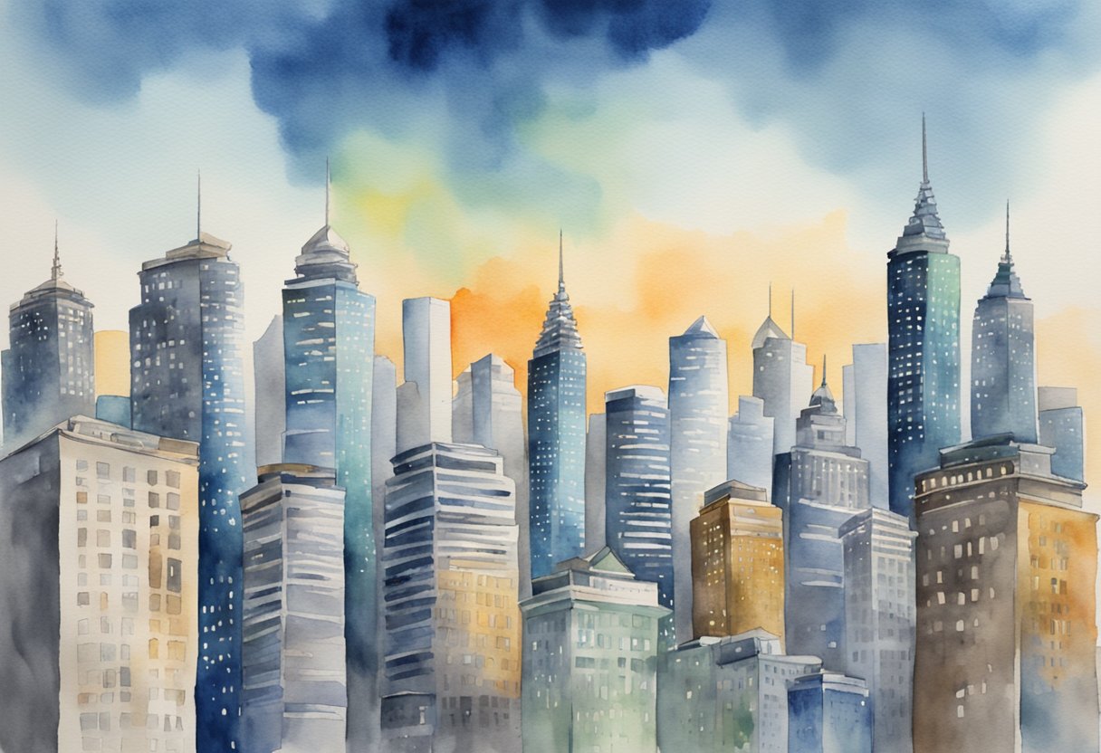 A bustling city skyline with multiple skyscrapers, each representing a different business. The buildings are adorned with signs displaying "k a month" to symbolize successful scaling