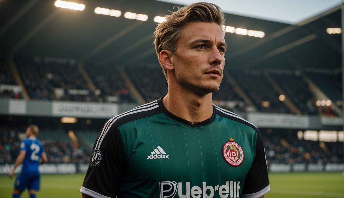 Quinten Timber in FC Dordrecht jersey, on the field. Ajax logo visible. Girlfriend in stands. Focus on wealth and income