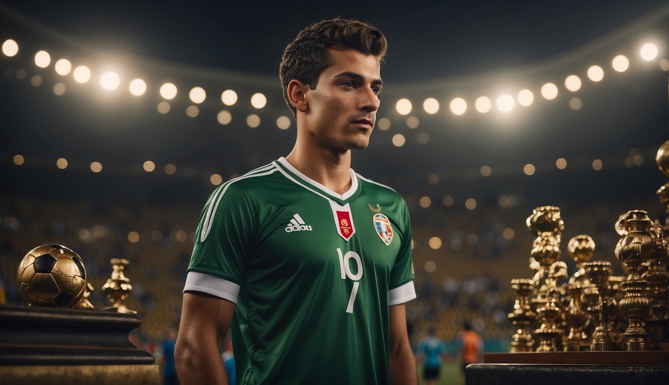 A young soccer player (Naci Ünüvar) stands proudly with his team jersey, surrounded by symbols of wealth and success