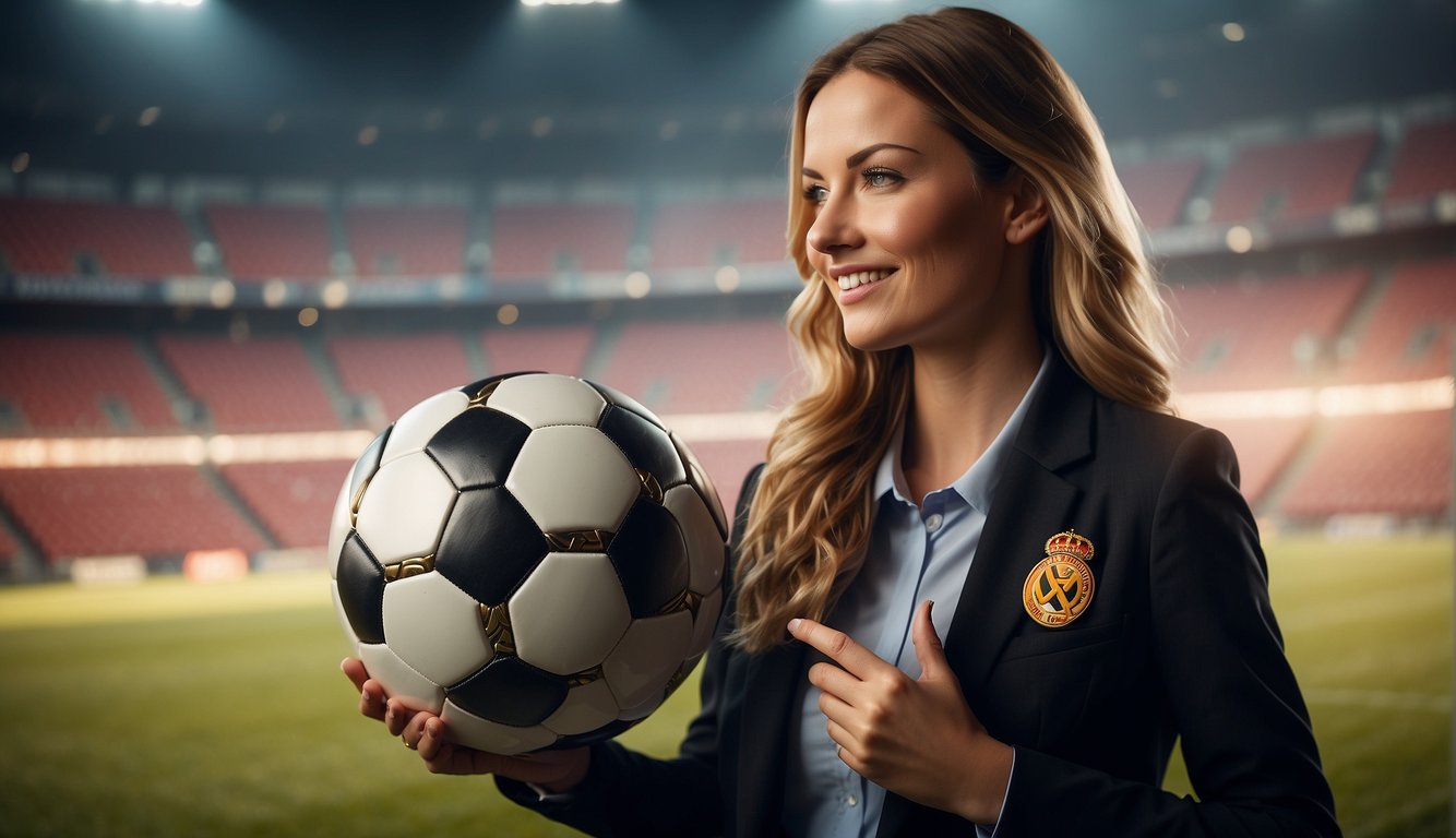 A woman holds a soccer ball with the Ajax logo, surrounded by symbols of wealth and income