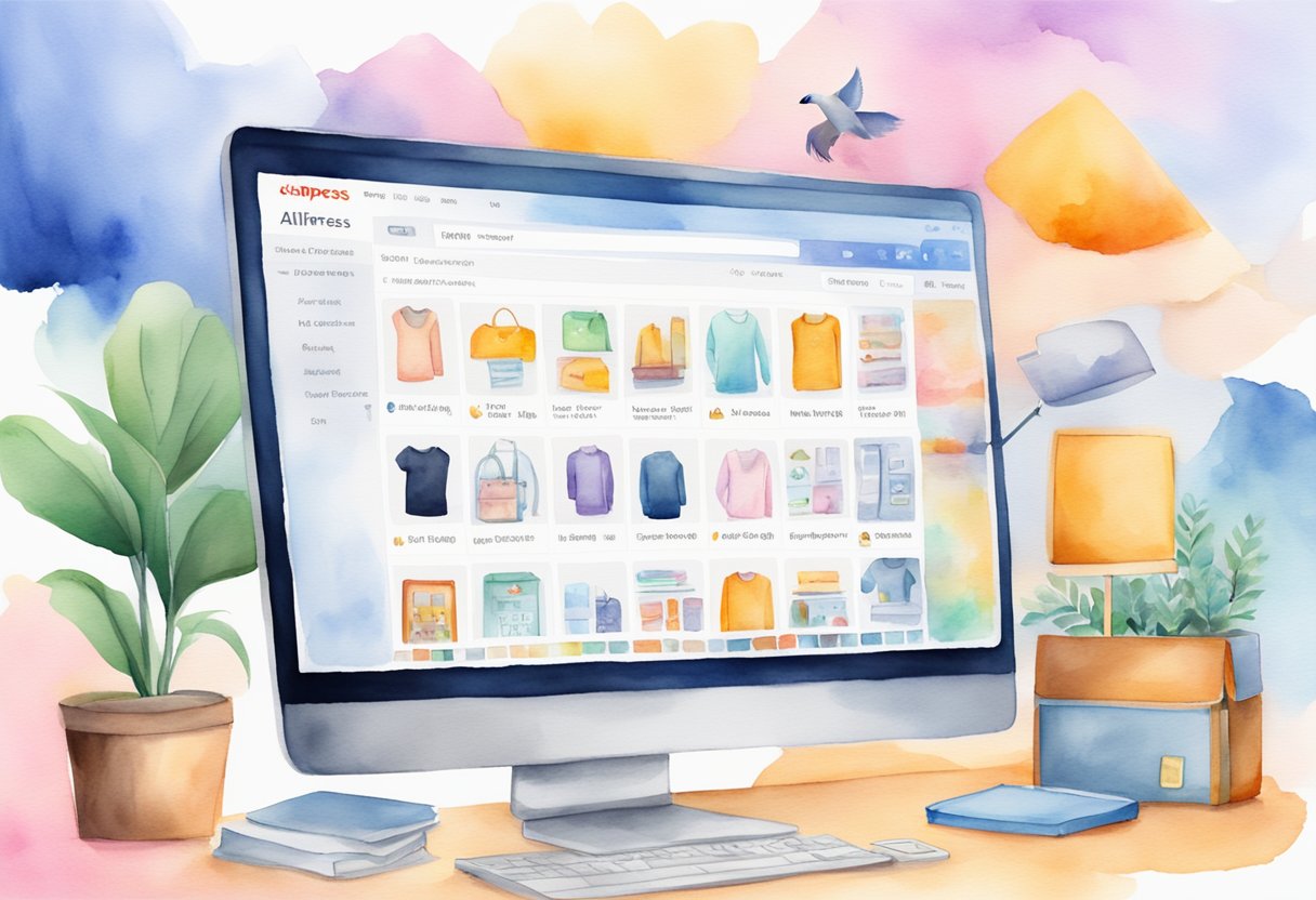 A computer screen displaying the AliExpress website with various products, logos, and a search bar. Multiple tabs open, showing different categories and items for sale