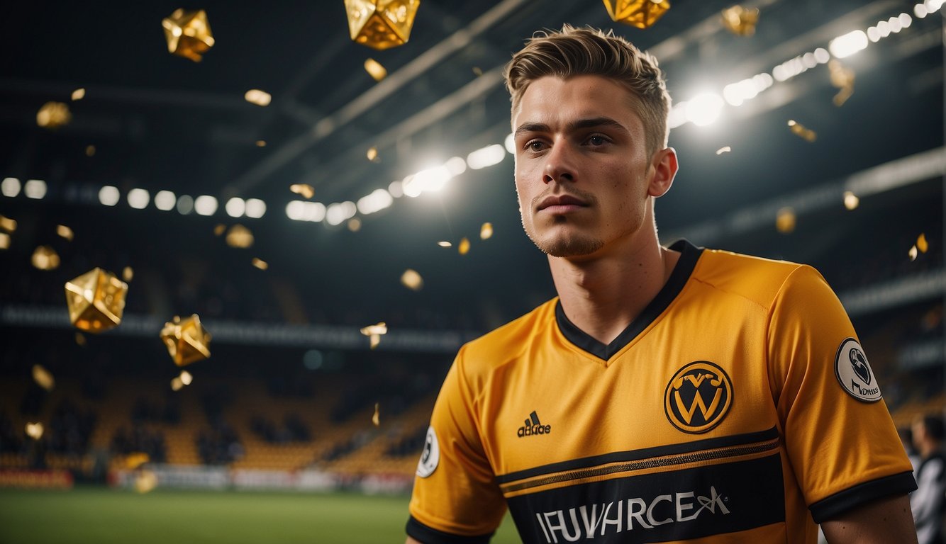 A young man in a Wolverhampton Wanderers jersey, surrounded by symbols of wealth and success