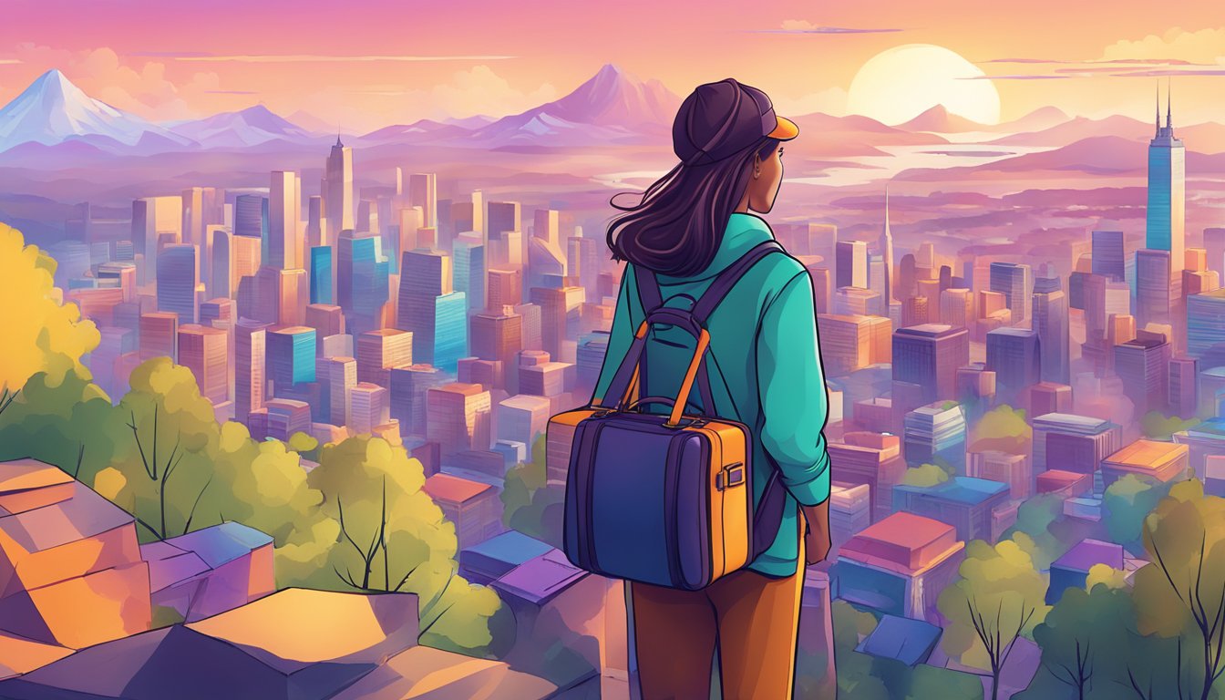 A vibrant city skyline with a solo female traveler looking out over the landscape, feeling empowered and confident. A map and suitcase are nearby, symbolizing adventure and independence