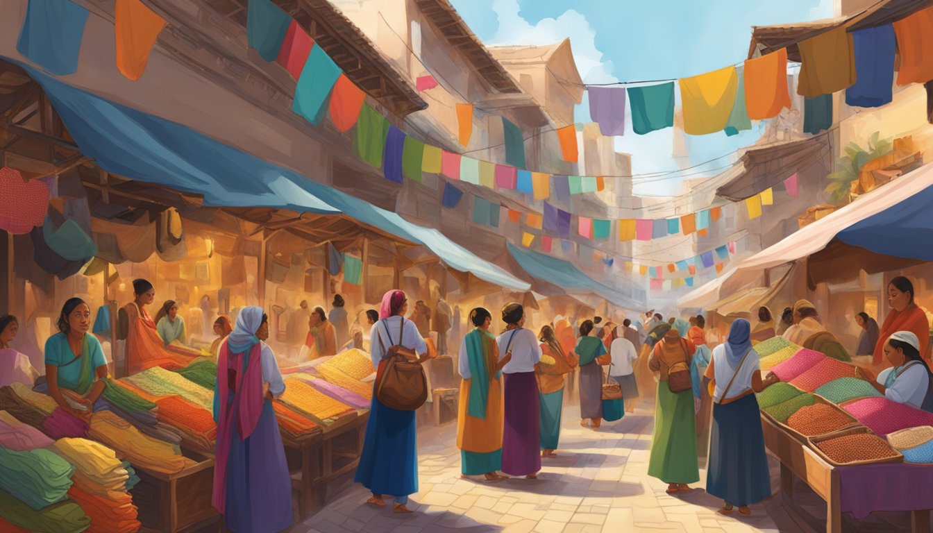 A bustling market filled with colorful textiles, traditional crafts, and historical landmarks. Women in vibrant attire share stories of cultural significance