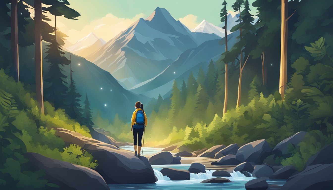 A solo female traveler hikes through a lush forest, crossing a flowing river and climbing rocky mountains. She camps under the stars, surrounded by breathtaking natural beauty