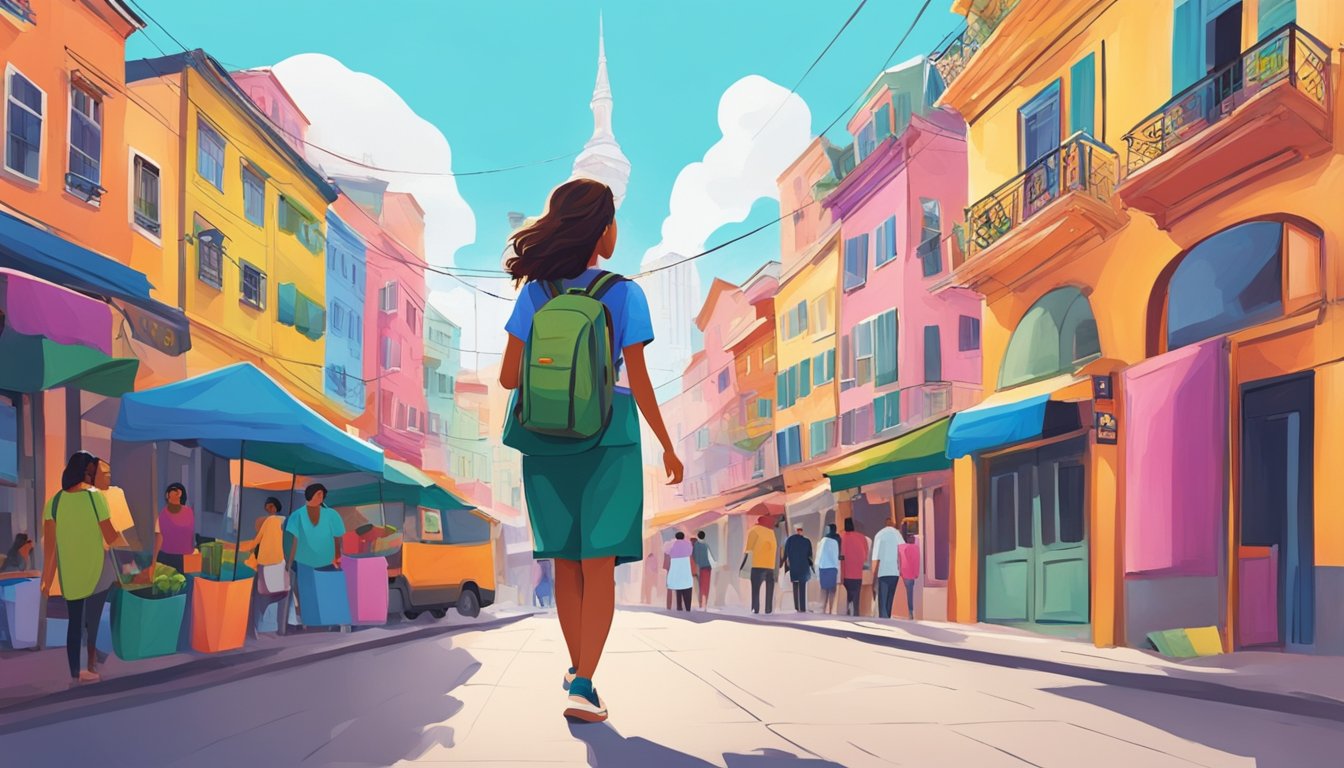 A solo female traveler explores a bustling urban street, surrounded by colorful buildings, street vendors, and diverse people. She exudes confidence and curiosity as she navigates the vibrant cityscape